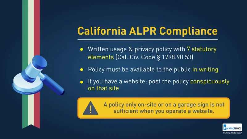 California ALPR compliance summary: written policy with 7 statutory elements, available to the public in writing, posted conspicuously online if you have a website