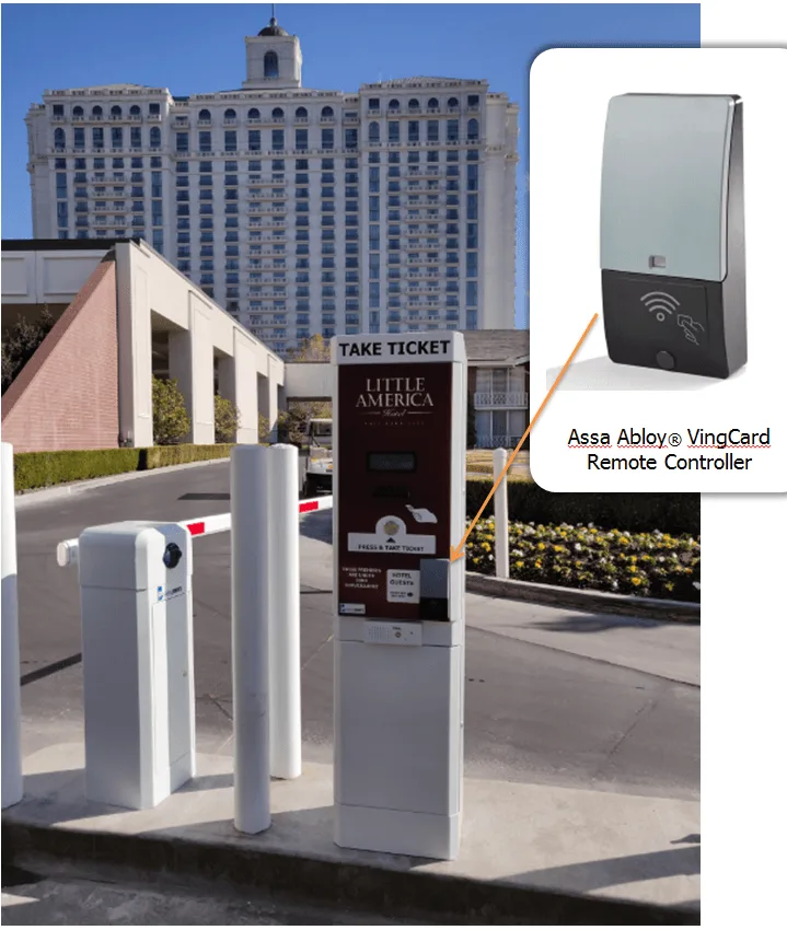 ASSA ABLOY VingCard room-key reader installed on a Parking BOXX entry kiosk at Little America Hotel