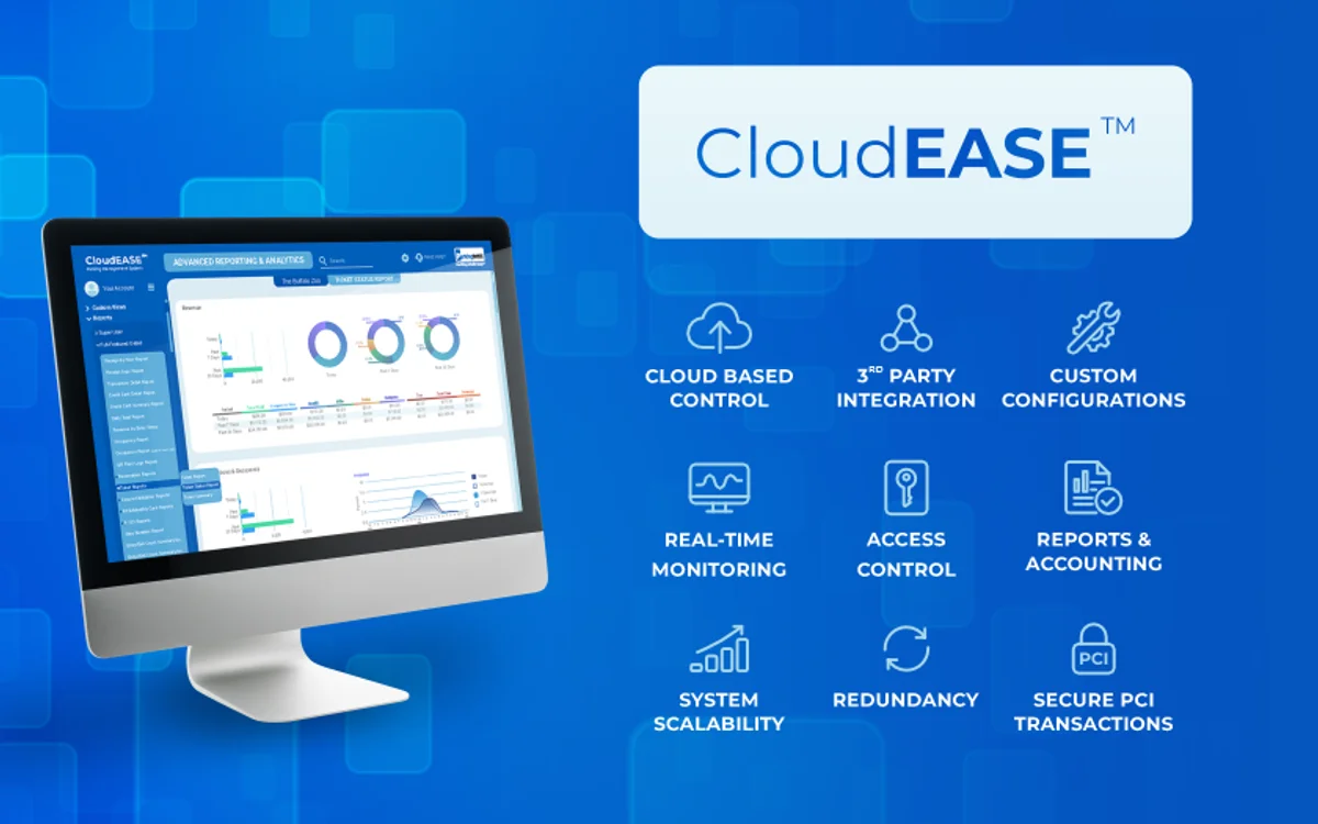 CloudEASE parking lot management software — dashboard showing cloud-based control, real-time monitoring, access control, reports and accounting