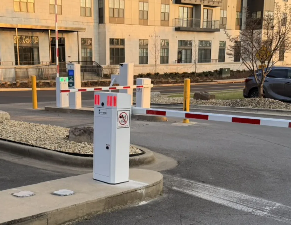 Parking BOXX barrier gate and access pedestal installed at a commercial property