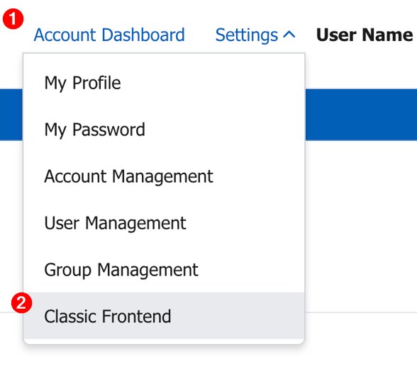 How to access the Classic Frontend in CloudEASE — Settings menu showing Classic Frontend option