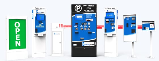 Gated parking revenue control system with barrier gates and pay stations installed in Los Angeles